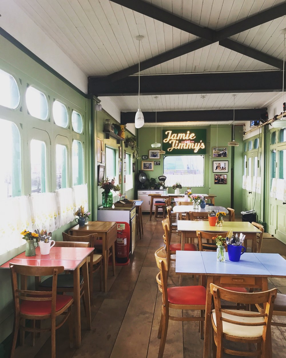 Jamie and jimmy’s Friday Night Feast. The sweet cafe before we load it with audience members and crew.